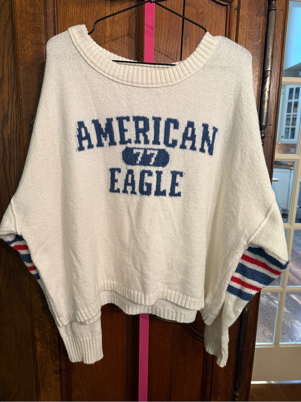 American Eagle Outfitters Cream Crewneck Sweater with Navy and Red Stripes